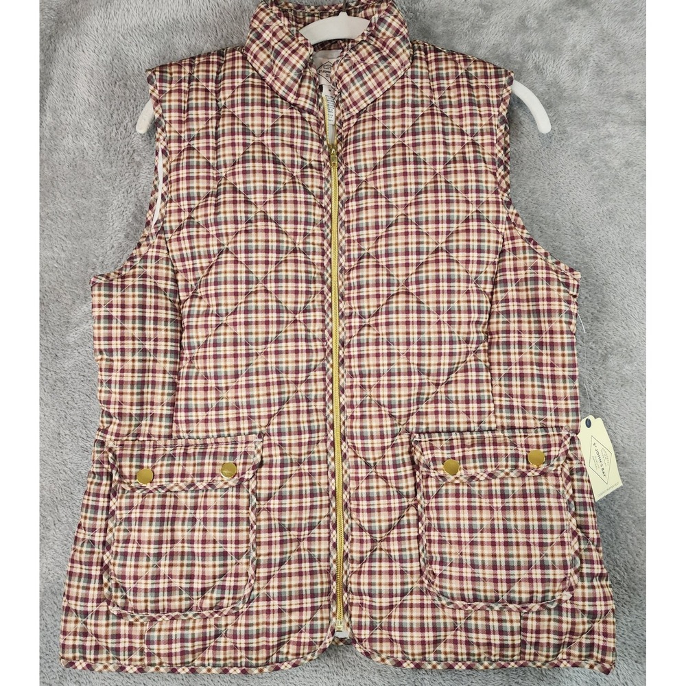 St Johns Bay Vest Womens Medium Plaid Burgundy Tan Quilted Puffer Full Zip